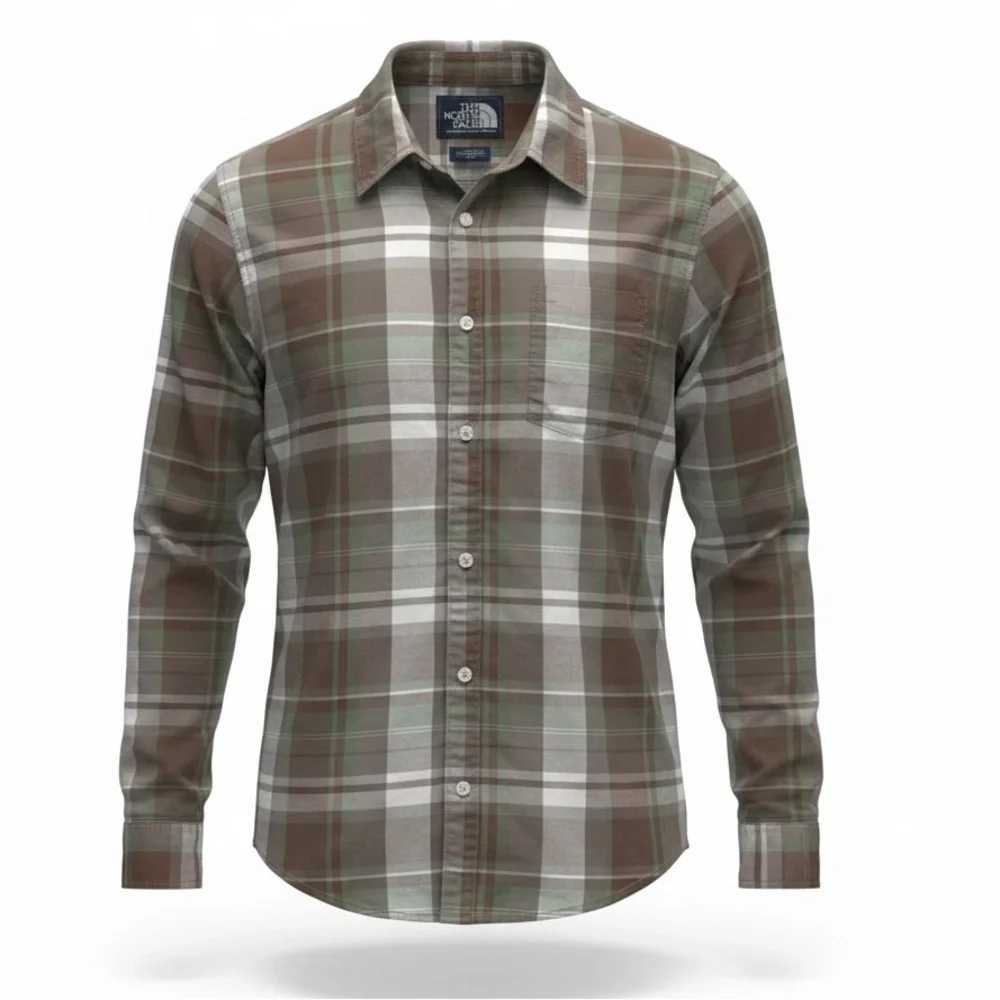 The North Face Plaid Long Sleeve Button Down Green Brown Cotton Shirt Men’s XL